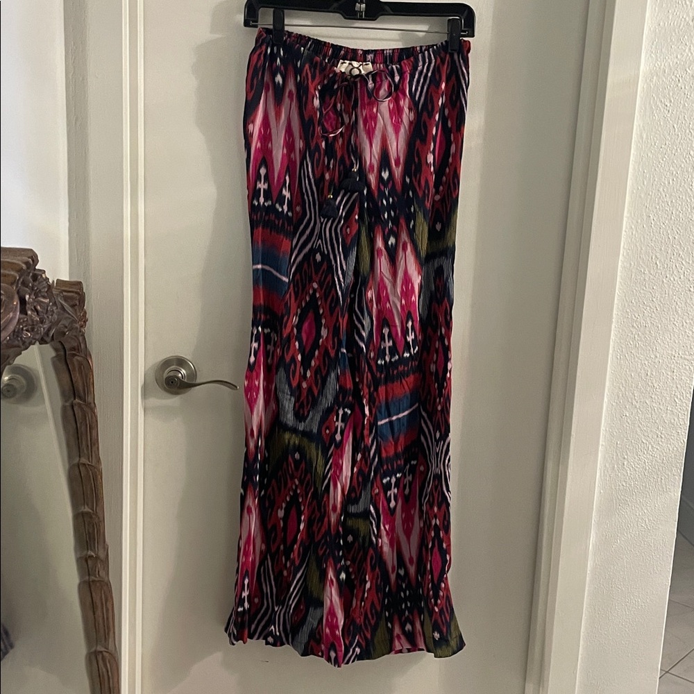 NWOT  Figue XS Ikat Multi Color Wide-leg Drawstring/Tassel ankle zipper Pants